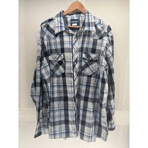 Vintage Wrangler Mens Shirt Plaid Blue Pearl Snaps Western Rodeo Tall 2XLT EUC